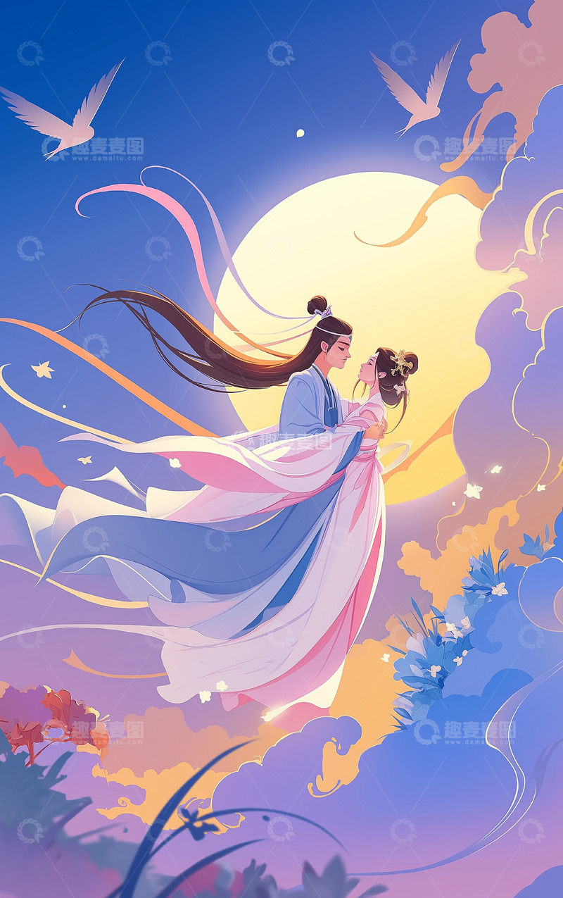 高清大图下载【趣麦麦图】七夕节情人节牛郎织女插画背景图