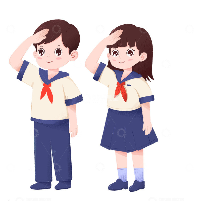源文件下载【趣麦麦图】卡通手绘两个小学生站立敬礼免抠元素