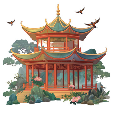 国风亭子建筑插画素材