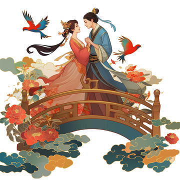 牛郎和织牛在桥上相会七夕插画素材