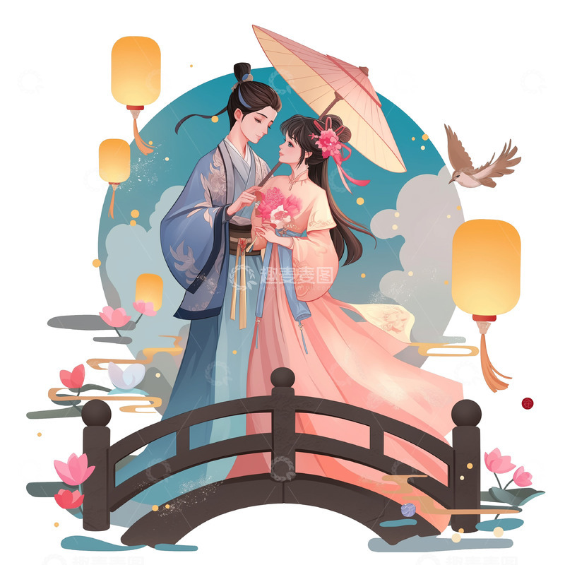 高清大图下载【趣麦麦图】七夕节古风插画卡通人物素材