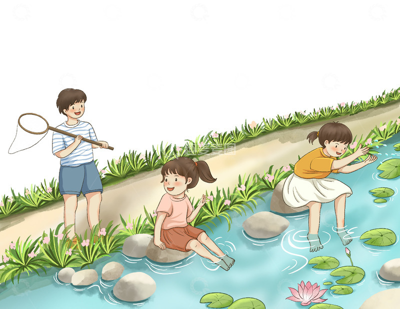 夏天河边玩水手绘元素