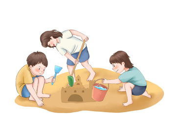 夏天孩子堆沙堡手绘元素