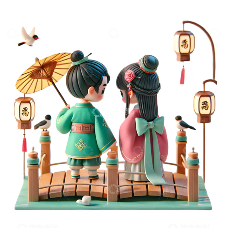 高清大图下载【趣麦麦图】牛郎织女在桥上相会七夕3D人物素材