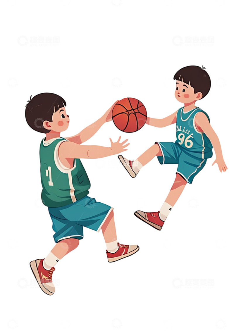 高清大图下载【趣麦麦图】扁平风,两个小男孩 打篮球 ,卡通