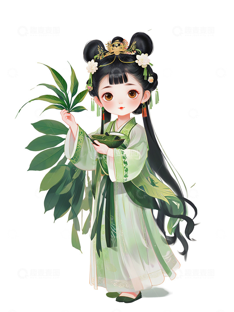 高清大图下载【趣麦麦图】中国风,可爱小美女,绿色