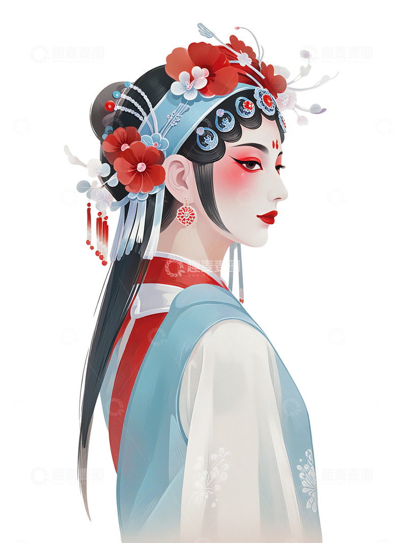 高清大图下载【趣麦麦图】-中国风 中国美人 蓝色 叶子 花卉