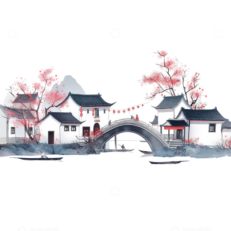 高清大图下载【趣麦麦图】古风江南小镇风景插画素材