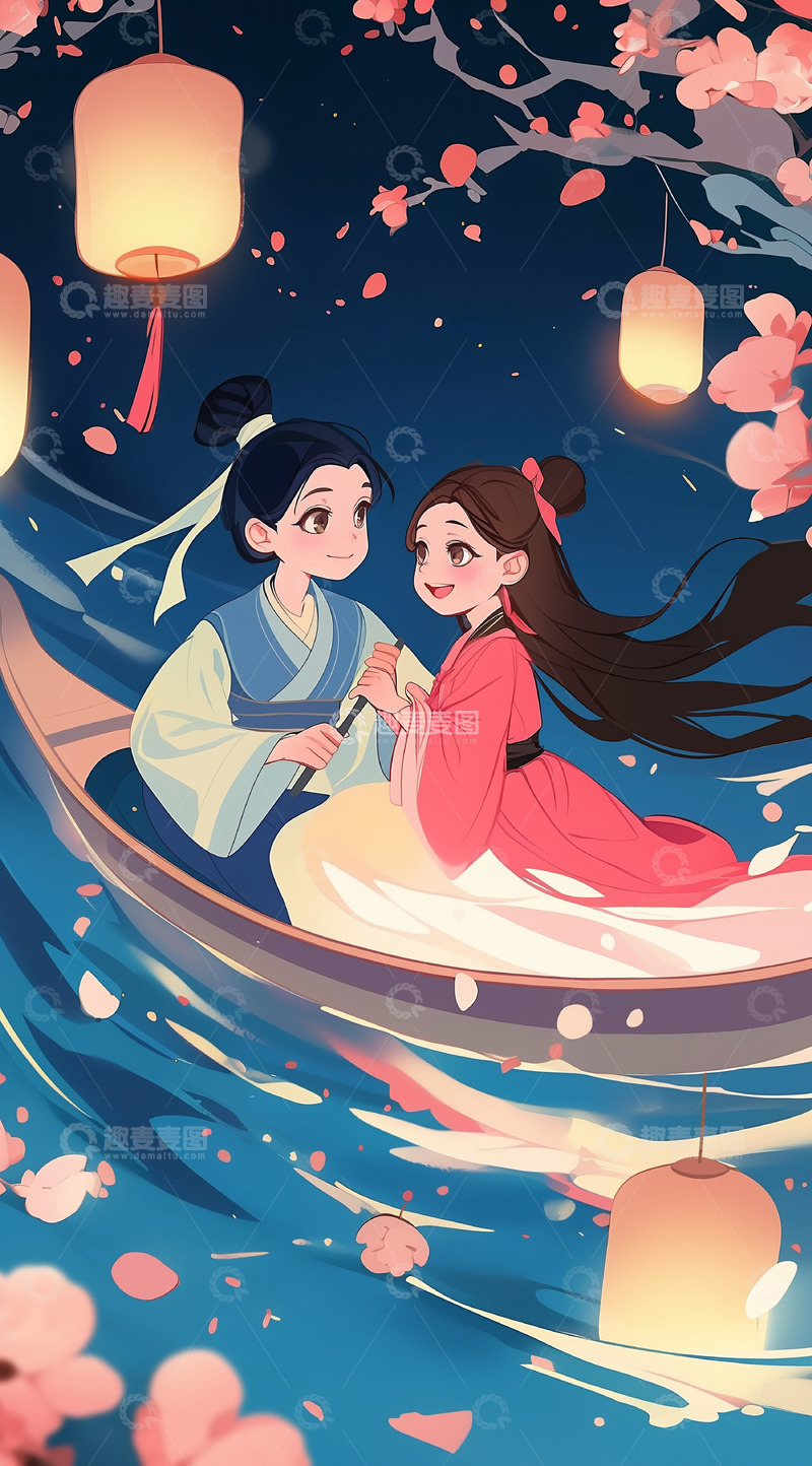 高清大图下载【趣麦麦图】七夕牛郎织女相会插画背景图素材