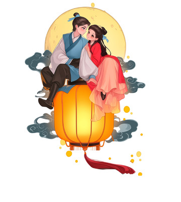 坐在灯笼上的牛郎织女插画素材