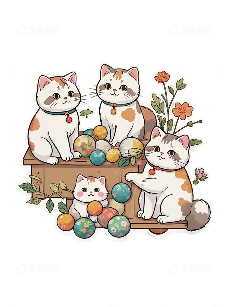 高清大图下载【趣麦麦图】卡通 猫猫 可爱 花卉 球
