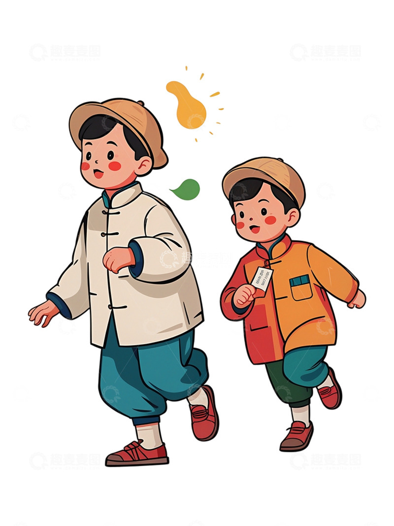 高清大图下载【趣麦麦图】扁平风插画 两个儿童 跑步 卡通