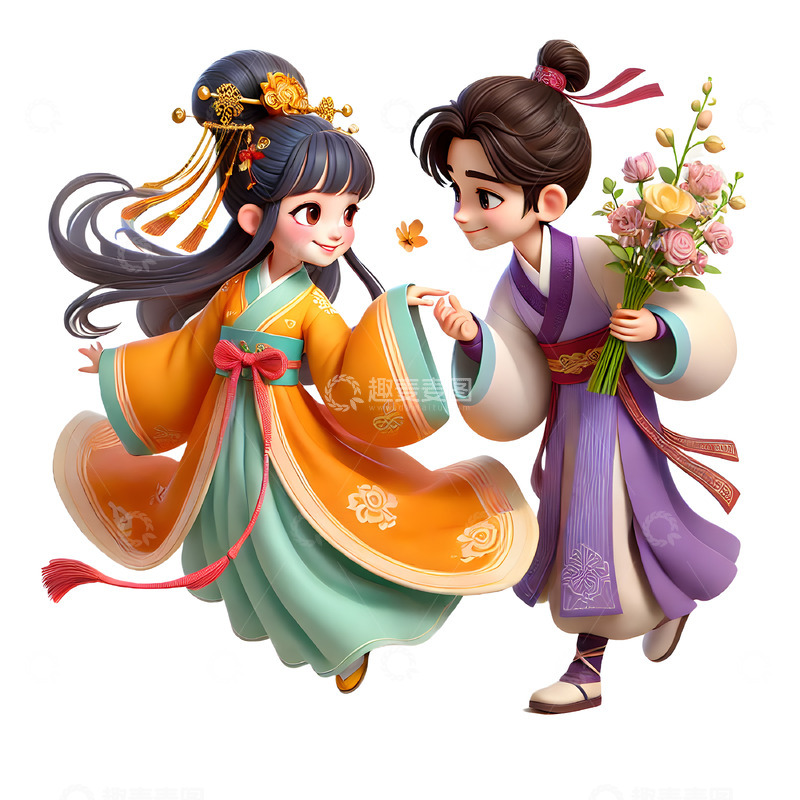高清大图下载【趣麦麦图】情人节七夕牛郎织女3D人物素材