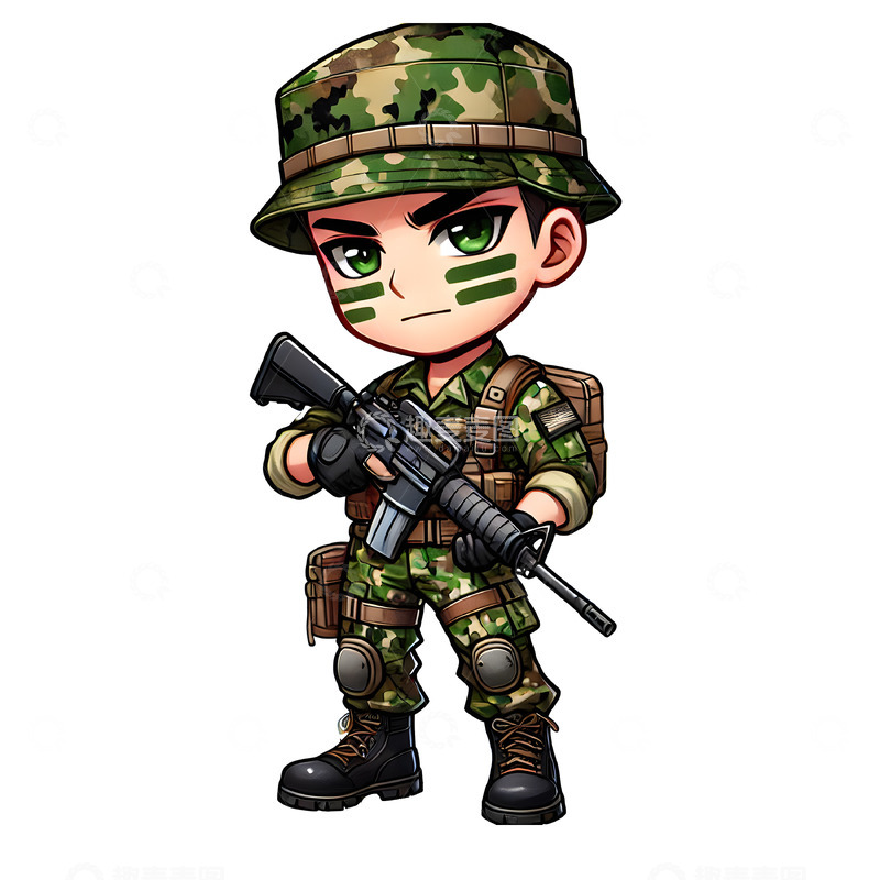 高清大图下载【趣麦麦图】建党节建军节国庆穿迷彩作战服的卡通军人素材