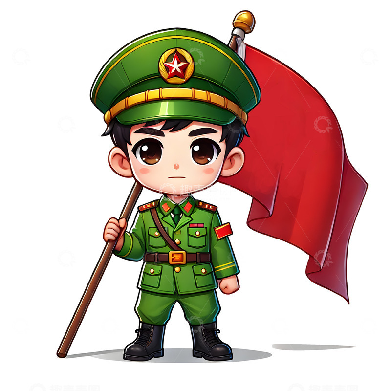 高清大图下载【趣麦麦图】建党节建军节国庆手举红旗站立姿势的卡通军人