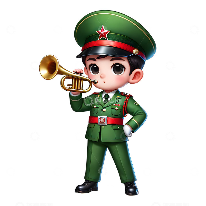 高清大图下载【趣麦麦图】建党节建军节国庆吹军号的卡通军人素材