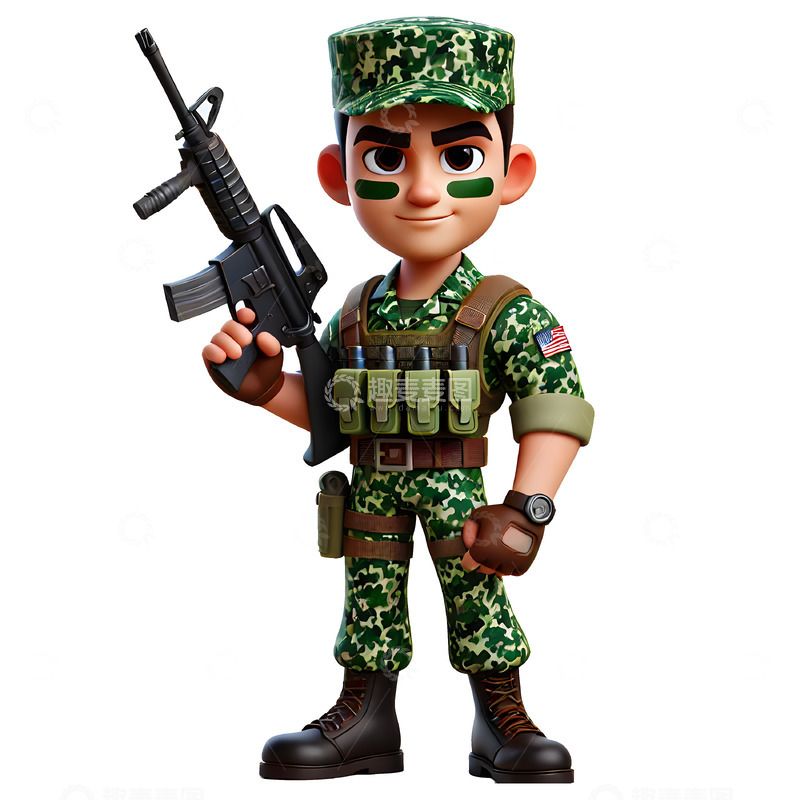 高清大图下载【趣麦麦图】建党节建军节国庆手持机关枪的军人卡通素材