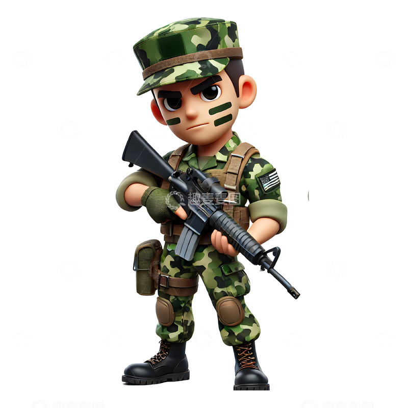 高清大图下载【趣麦麦图】建党节建军节国庆3D卡通野战军人素材