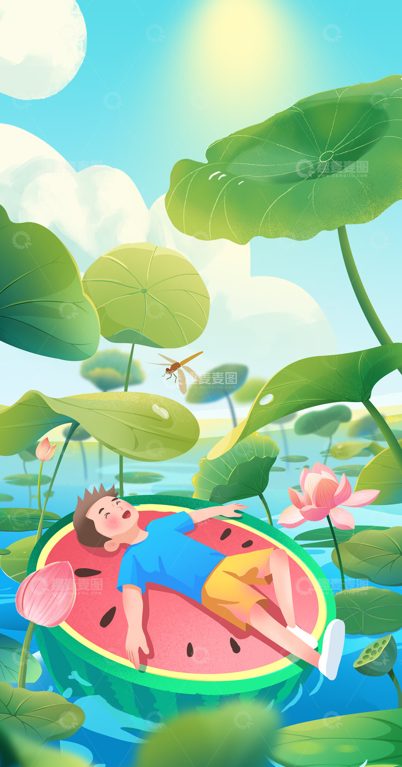 源文件下载【趣麦麦图】夏天荷花池里戏水的儿童