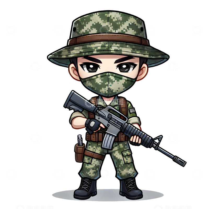 高清大图下载【趣麦麦图】野外作战的军人卡通形象素材