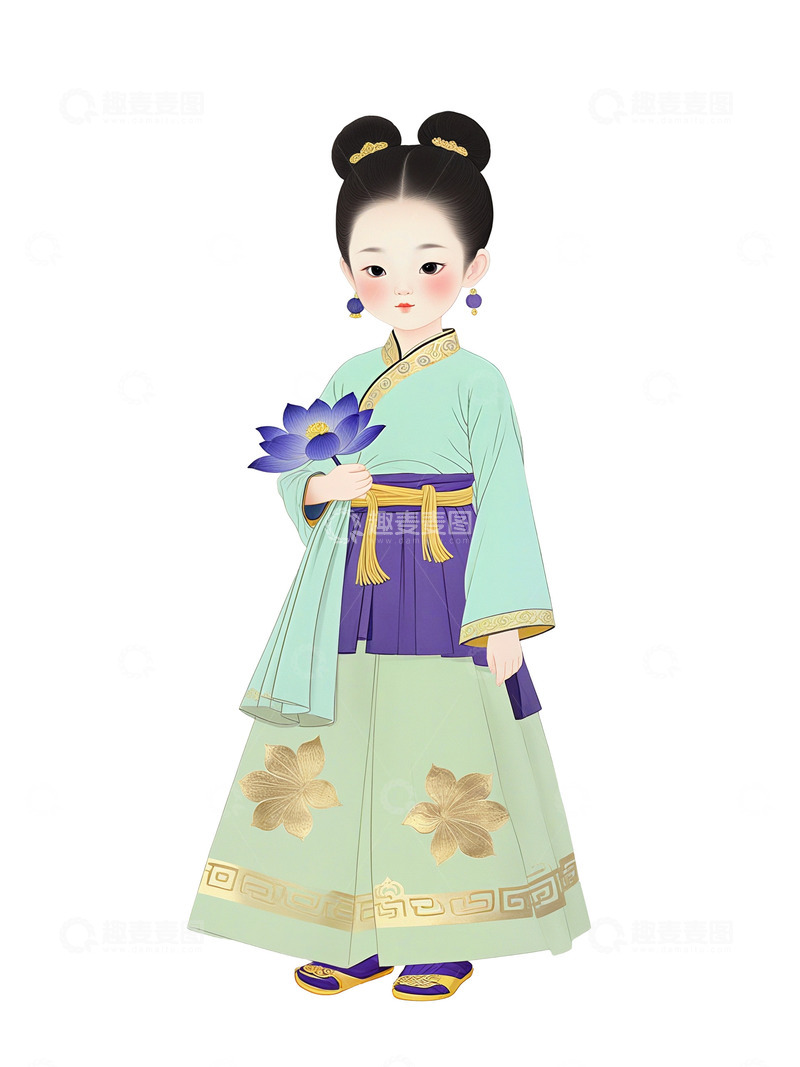 高清大图下载【趣麦麦图】古代  中国风  可爱小侍女 蓝色
