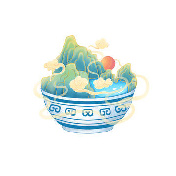 新国风国潮山水祥云碗场景植物