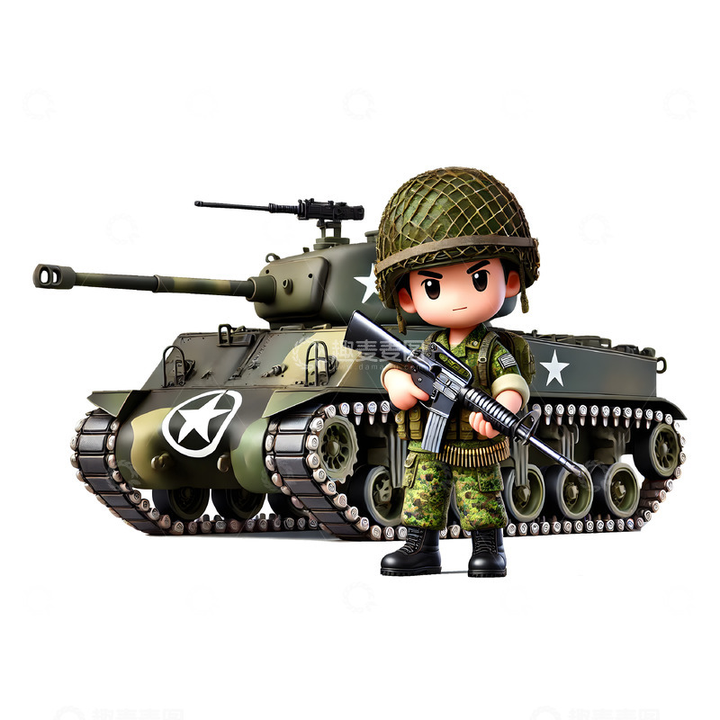 高清大图下载【趣麦麦图】建党节建军节国庆节坦克前卡通军人素材