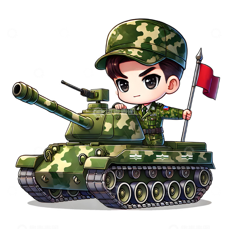 高清大图下载【趣麦麦图】建军节建党节手持红旗开坦克作战卡通军人素材