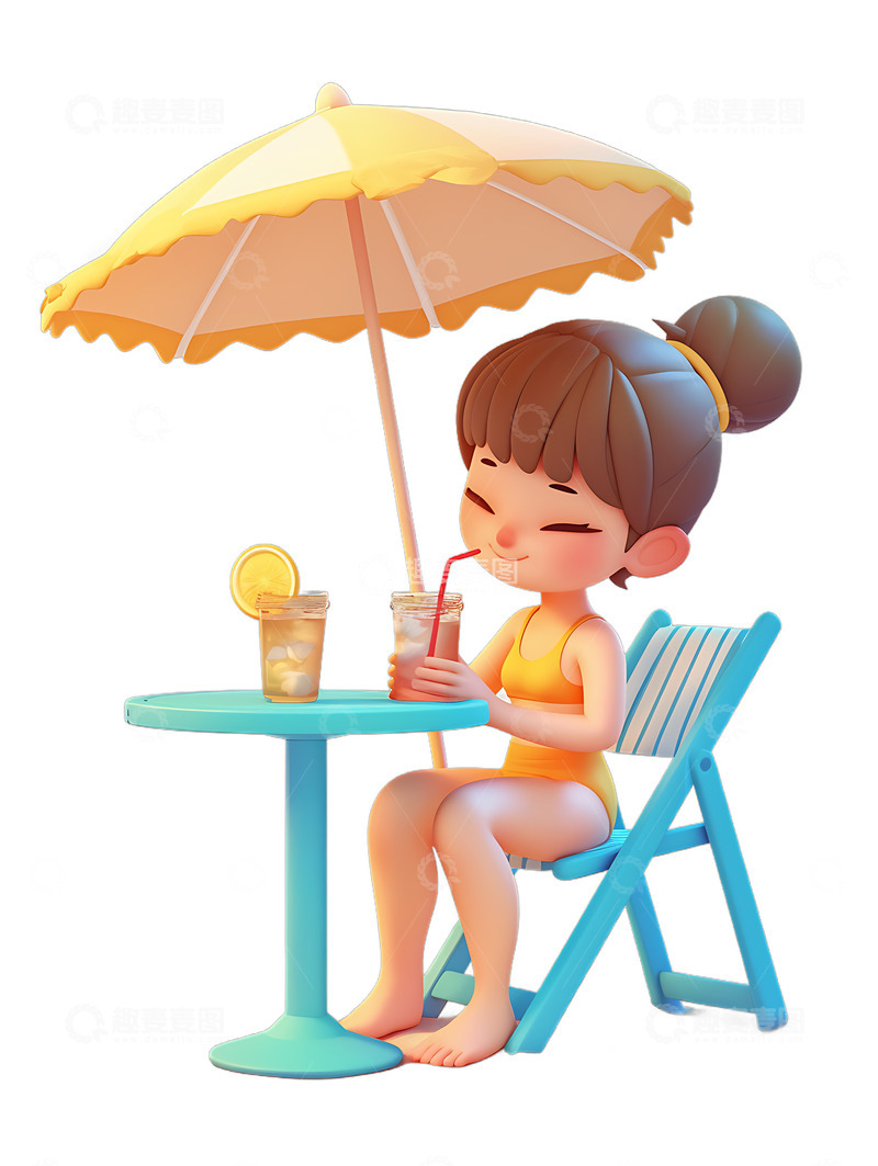 高清大图下载【趣麦麦图】度假沙滩椅喝饮料遮阳伞女孩夏天美女Q版