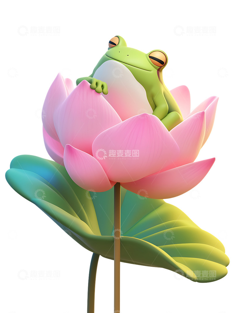 高清大图下载【趣麦麦图】青蛙与荷叶荷花卡通3D绘画小暑