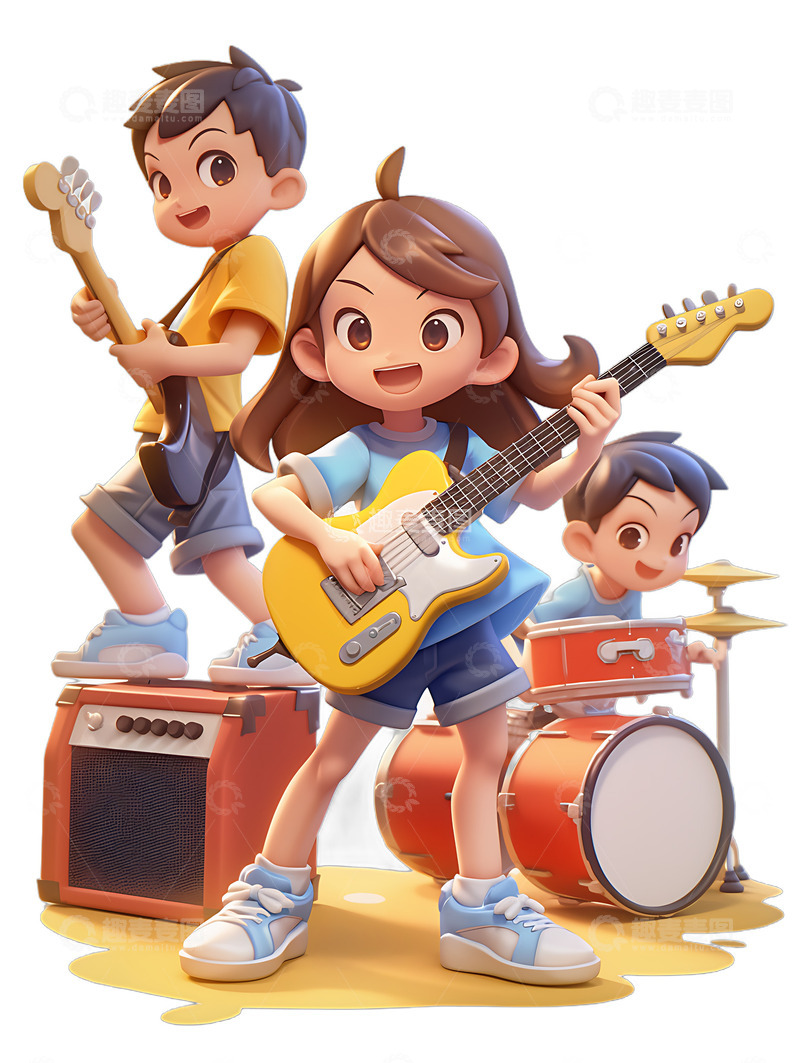 高清大图下载【趣麦麦图】暑假兴趣班少年乐队音乐卡通