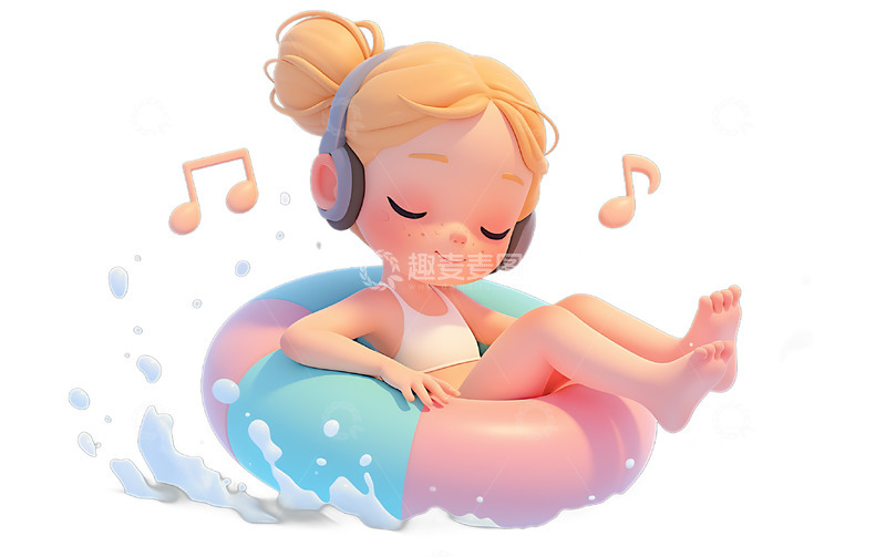 高清大图下载【趣麦麦图】夏日游泳圈听歌游泳的女孩