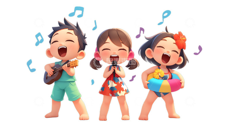 高清大图下载【趣麦麦图】夏日游泳小孩音乐乐队