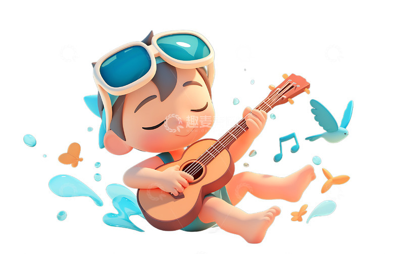 高清大图下载【趣麦麦图】夏日游泳弹吉他的男生