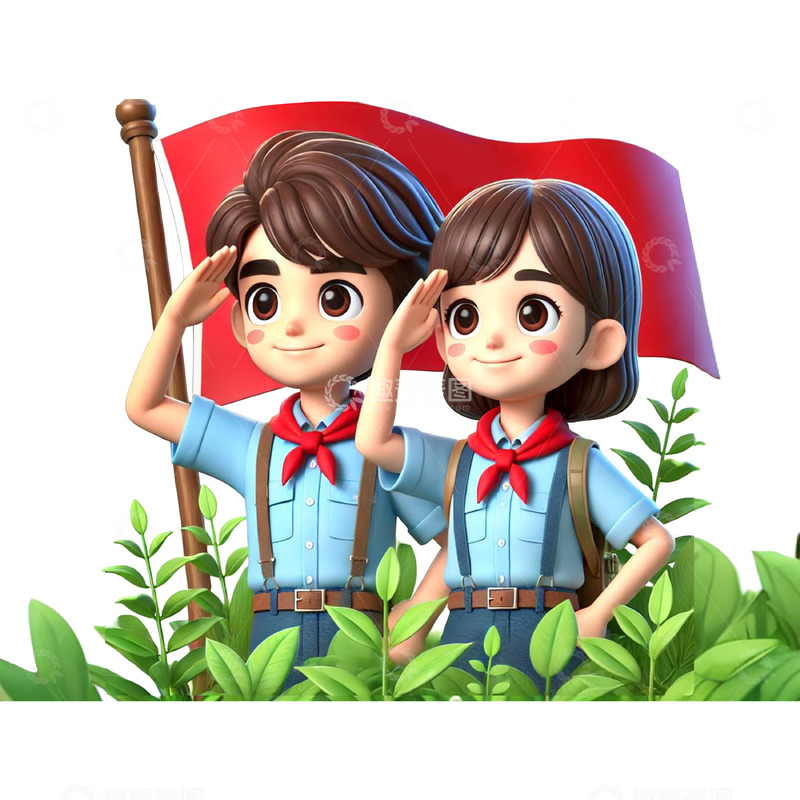 高清大图下载【趣麦麦图】建军节建党节少先队员行队礼卡通3D人物素材