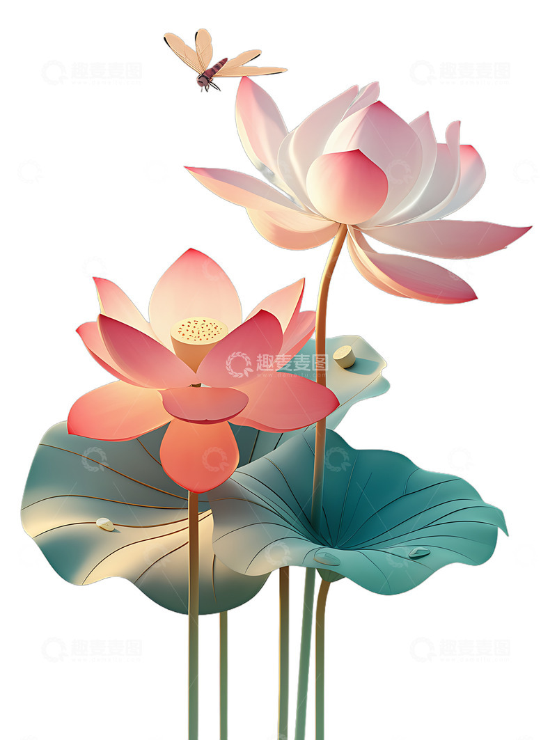 高清大图下载【趣麦麦图】蜻蜓与荷叶荷花卡通3D绘画