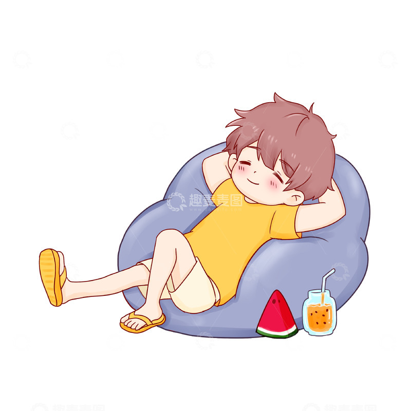 源文件下载【趣麦麦图】夏至小暑大暑处暑躺在懒人沙发吃西瓜喝果茶