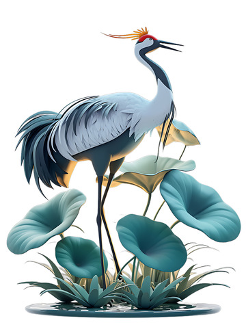 仙鹤丹顶鹤植物动物卡通3D
