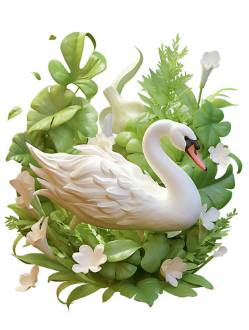 天鹅大鹅植物动物卡通3D绘画