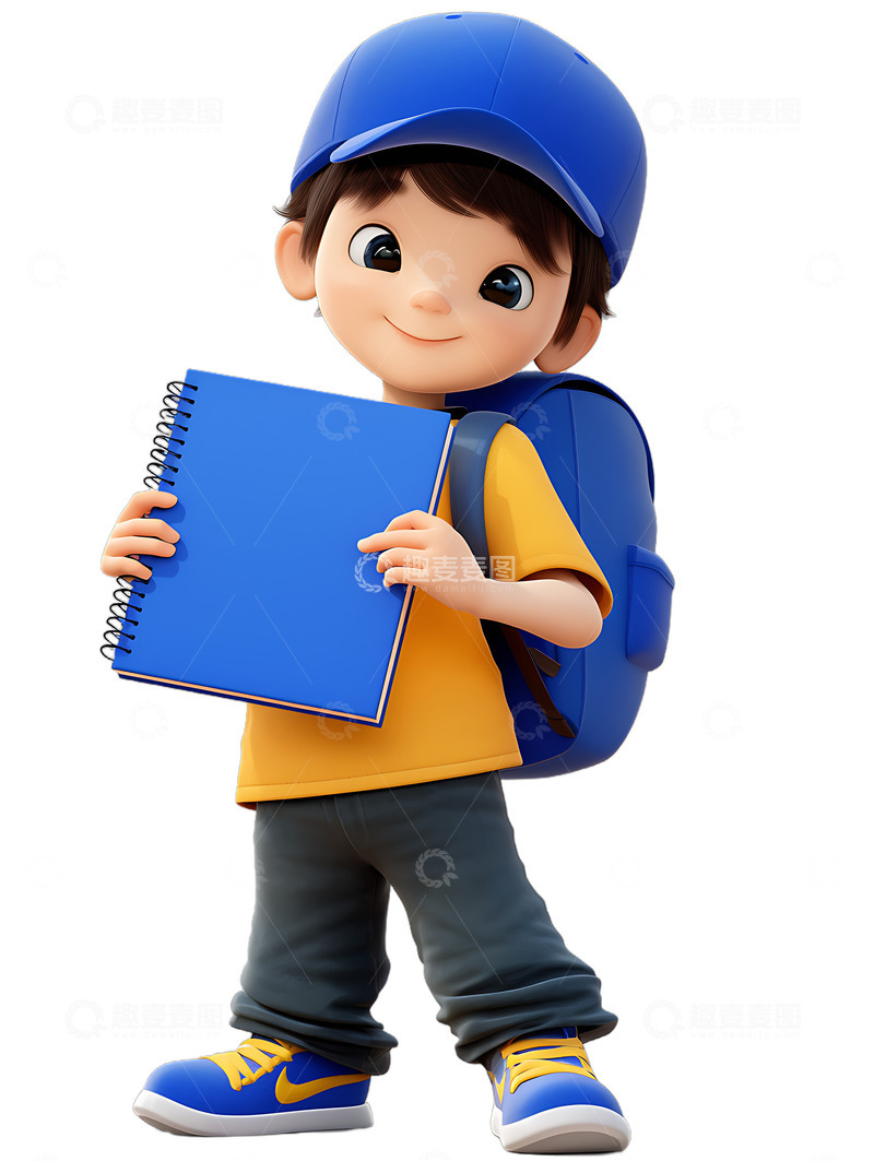 开学季拿着作业作业本卡通的小孩