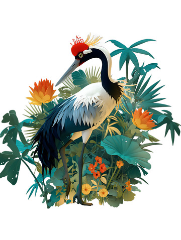 仙鹤丹顶鹤植物动物卡通3D绘画