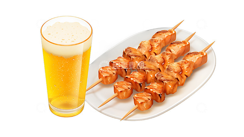高清大图下载【趣麦麦图】啤酒与烤串美食夜宵卡通