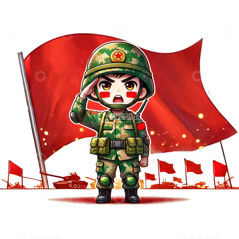 高清大图下载【趣麦麦图】建军节建党节在红旗前高唱国歌的卡通军人素材