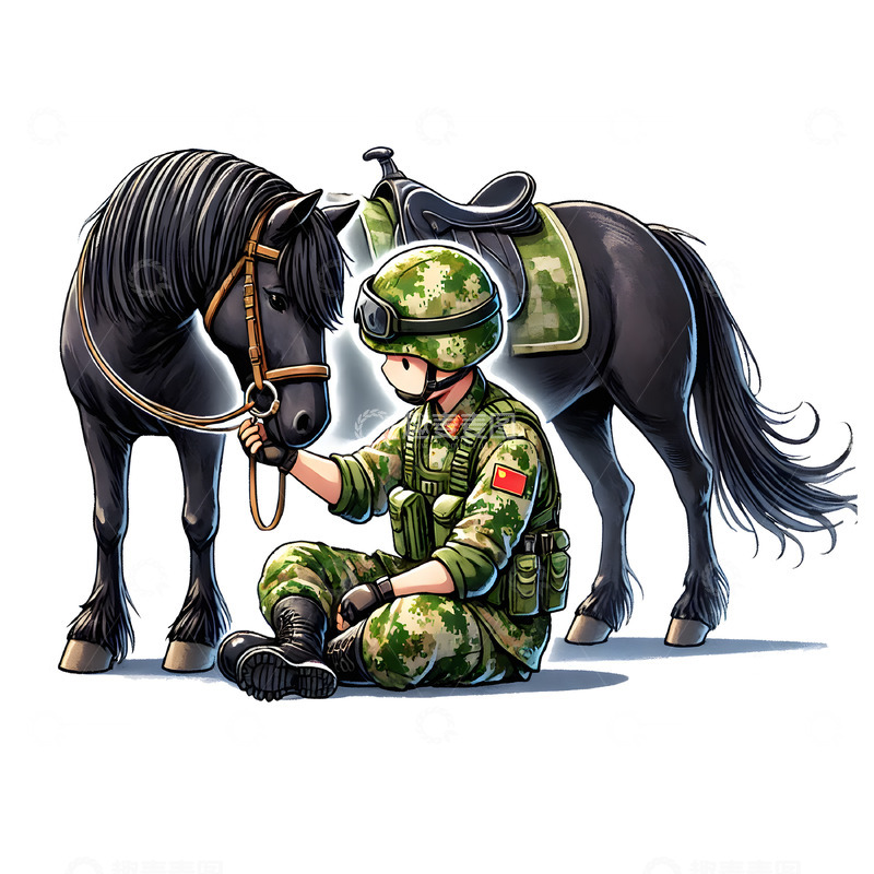 高清大图下载【趣麦麦图】黑马与军人骑兵卡通军人素材