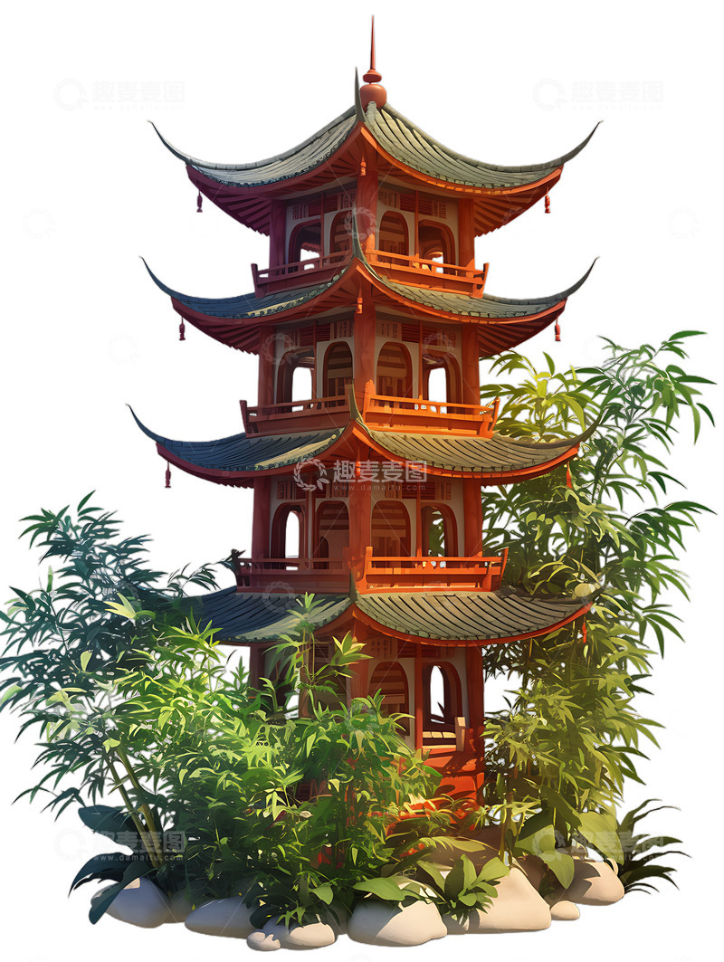 高清大图下载【趣麦麦图】中式宝塔园林公园景观竹子