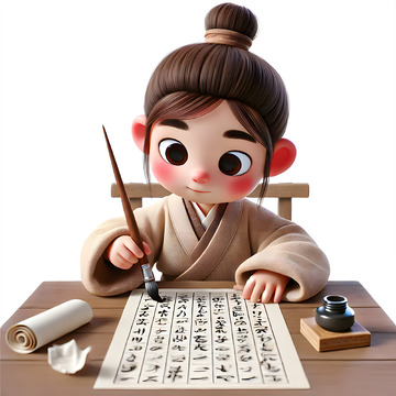 暑假兴趣班正在练习书法的古代少年3D卡通人物