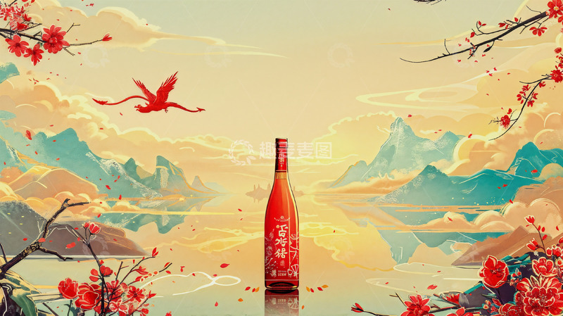 高清大图下载【趣麦麦图】中国风山水插画酒瓶子场景