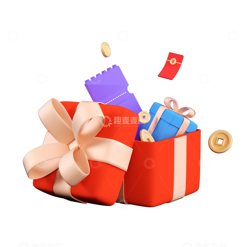 源文件下载【趣麦麦图】3D电商促销礼盒优惠券金币