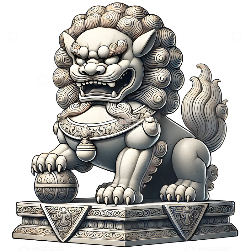 高清大图下载【趣麦麦图】石狮子雕像线条插画素材