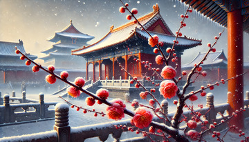 冬日故宫院内红梅插画背景图